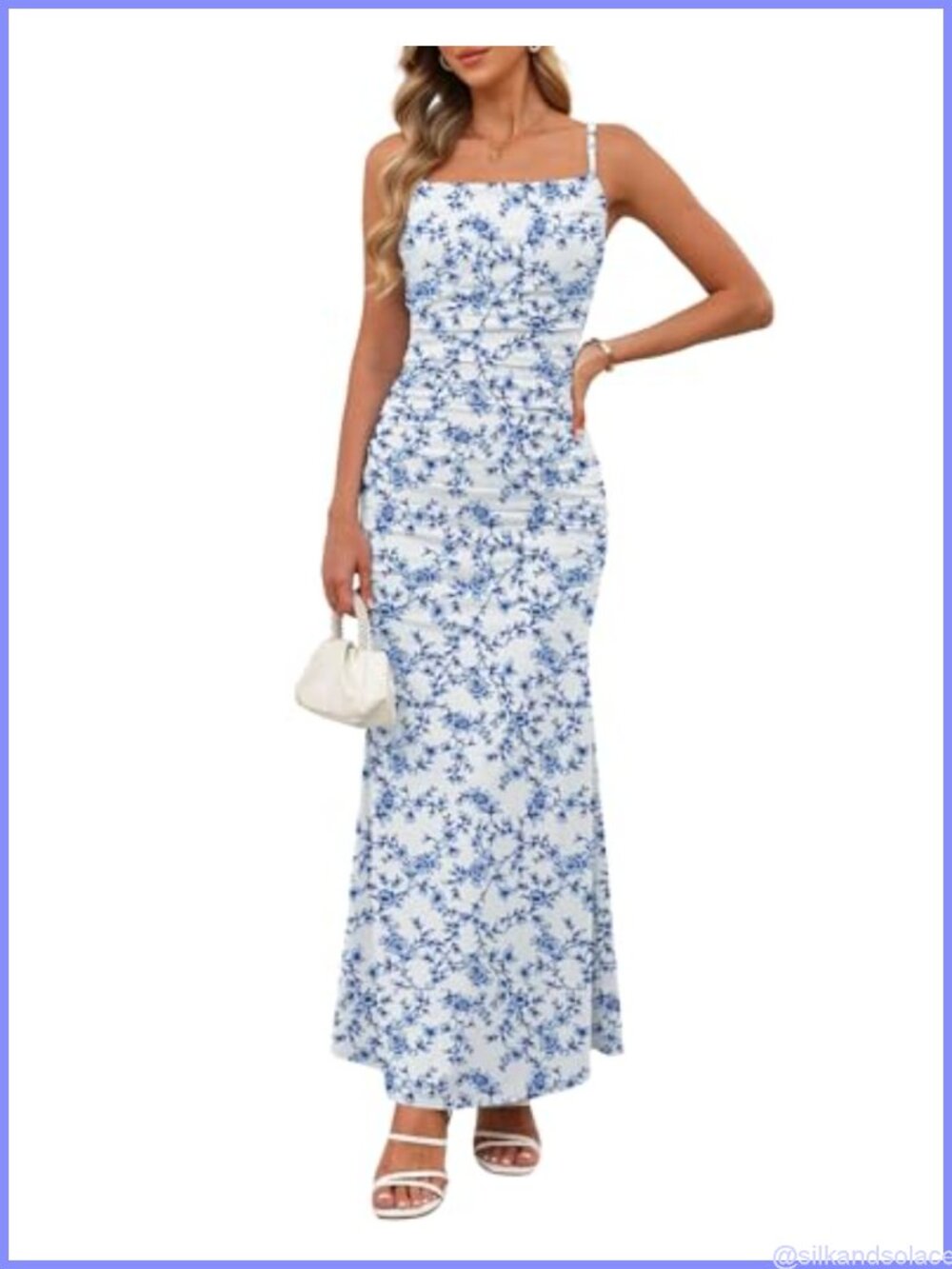 Women's Spaghetti Strap Floral Maxi Bodycon Dress Ruched Backless